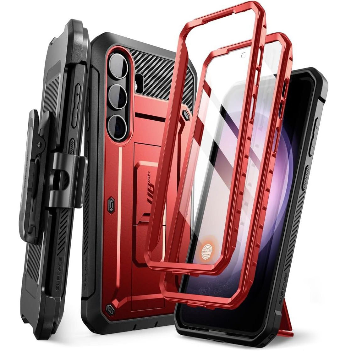 Etui pancerne z osłoną na ekran, z wbudowaną podstawką i kaburą z klipsem obrotowym Supcase Unicorn Beetle Pro do Galaxy S24, czerwone